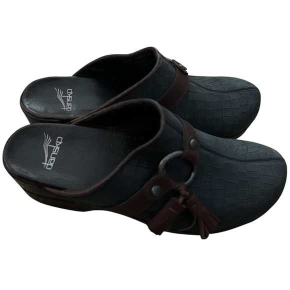 Dansko Black Croc-Embossed Clogs with Brown Accents - Picture 11 of 12